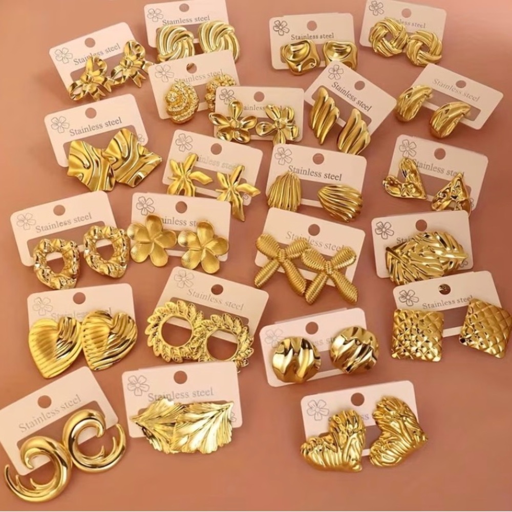 Gold Stainless Steel Floral & Geometric Stud Earring Set - Women